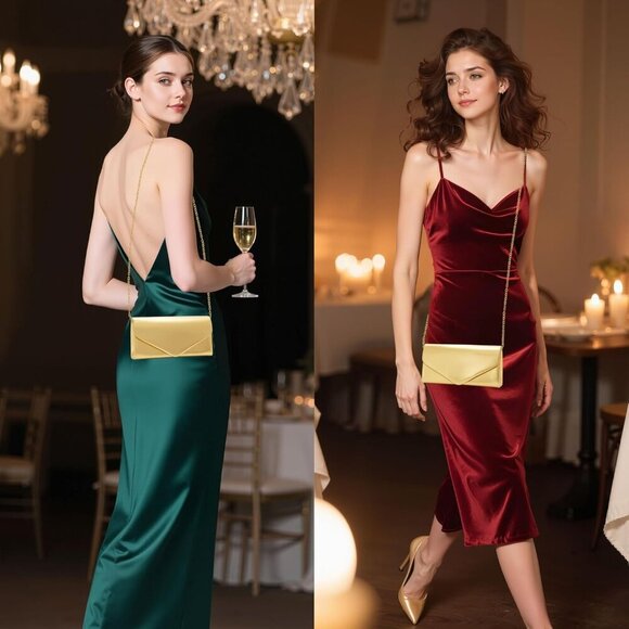 🆕Women Gold Metallic Vegan Leather Evening Clutch Bag with Chain Strap Wedding - Picture 2 of 7